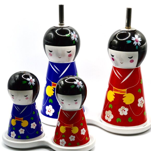 Vintage Japanese Ceramic Kokeshi Salt and Pepper Shaker, Oil and Vinegar - Picture 1 of 11